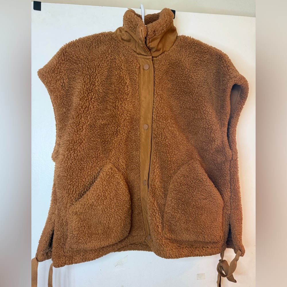 Brown Teddy Sherpa Snap-Front Vest Cozy Oversized Pocket Fleece Jacket